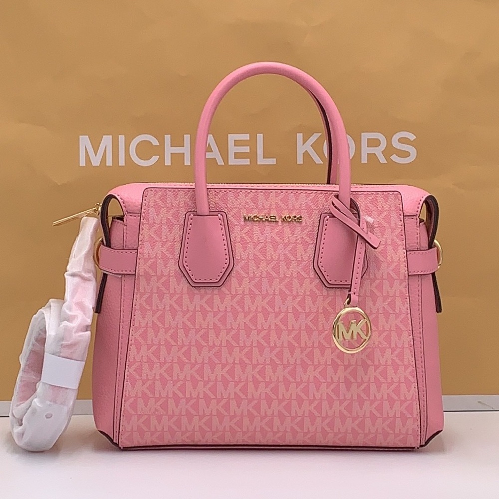 MICHAEL KORS Mercer Sm TZip Logo Leather Belted Satchel Crossbody Carnation - Picture 8 of 16